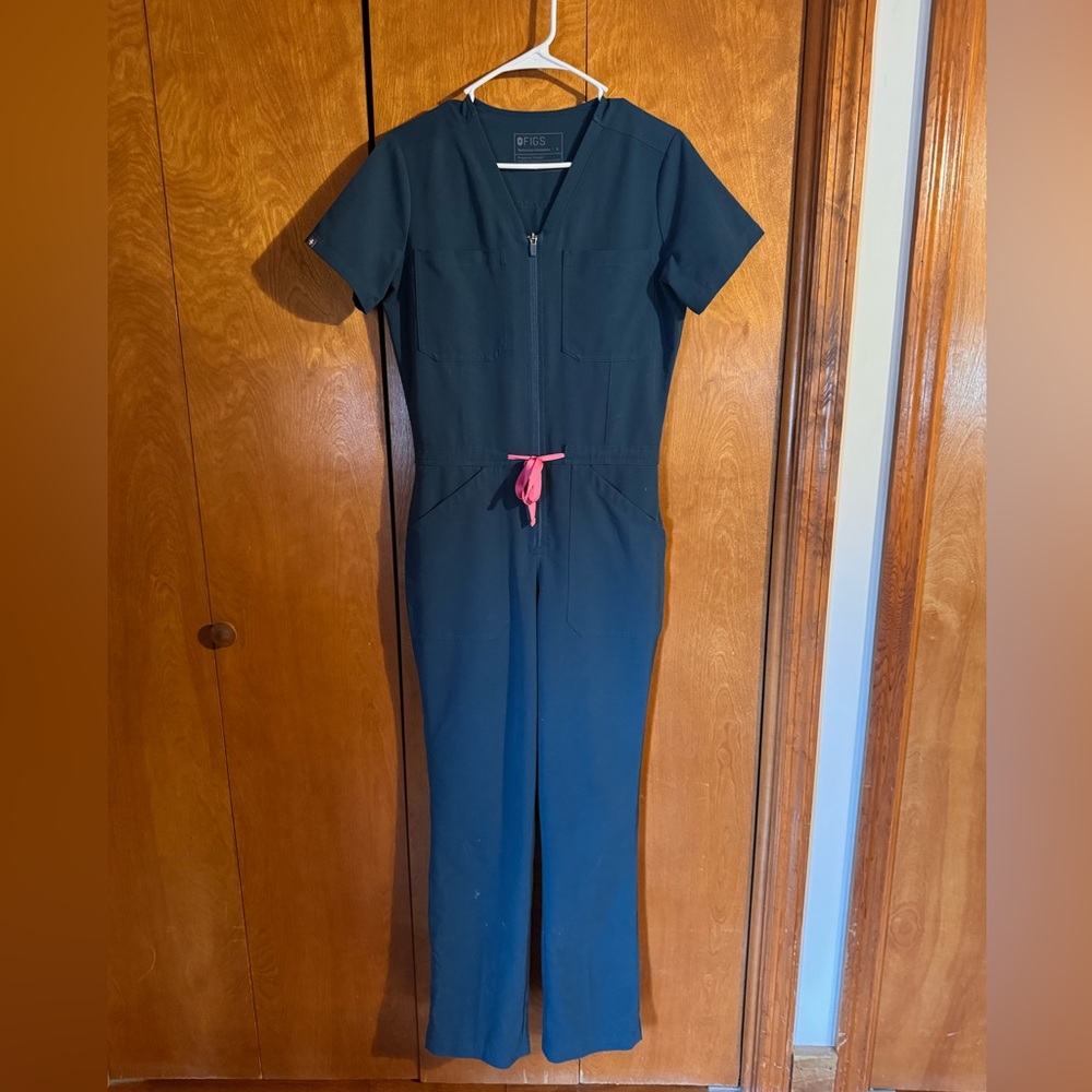 Figs Carribean Blue Jumpsuit with Pink Drawstring